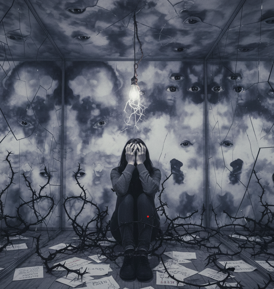 Eine verzweifelte Person sitzt, das Gesicht in den Händen vergraben, in einem Raum, dessen Wände und Decke aus zerbrochenen Spiegelflächen bestehen, in denen zahlreiche Augenpaare zu sehen sind. Scharfe, dornige Ranken umschlingen den Bereich um die Person und liegen auf dem Boden neben verstreuten Notizen. Ein schwaches Licht spendet eine Glühbirne über ihr. Die Szene vermittelt ein starkes Gefühl von Angst, innerem Schmerz, Isolation und dem Gefühl, ständig beurteilt zu werden.