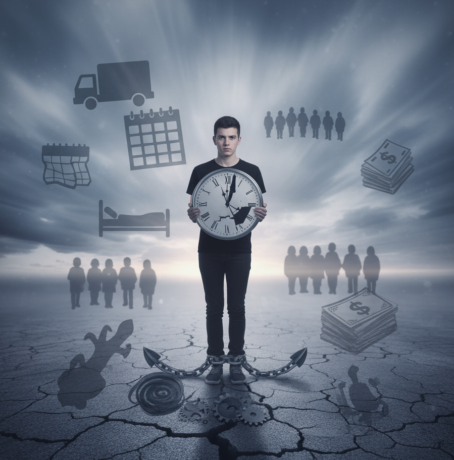 Ein junger Mann steht in einer kargen, rissigen Landschaft und hält eine große Uhr vor sich. Seine Füße sind mit einer Kette an einem schweren Anker gefesselt, was das Gefühl der Lähmung symbolisiert. Um ihn herum schweben Symbole für Stressoren: Kalender, LKW (Umzug/Arbeit), Geldscheine (finanzieller Stress), Menschengruppen (soziale Belastung) und ein Bett (Schlafstörungen). Das Bild visualisiert die Überforderung und die Unfähigkeit, sich an belastende Lebensereignisse anzupassen.