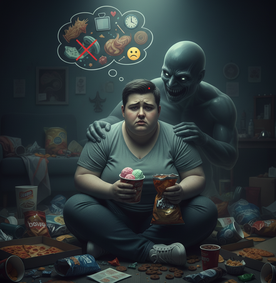 Eine Person sitzt traurig und überfordert inmitten eines Chaos von Fast-Food-Verpackungen, Pizzakartons, Süßigkeiten und Chips auf dem Boden. Sie hält einen Becher Eis und eine Tüte Chips. Hinter ihr lauert eine große, graue, dämonische Gestalt, die ihre Hand auf die Schulter legt und die Kontrolle über die Esssucht symbolisiert. Über dem Kopf der Person ist eine Gedankenblase mit verbotenen Lebensmitteln, einer Uhr und einem traurigen Smiley zu sehen. Das Bild stellt den Kontrollverlust und die emotionale Belastung der Binge-Eating-Störung dar.