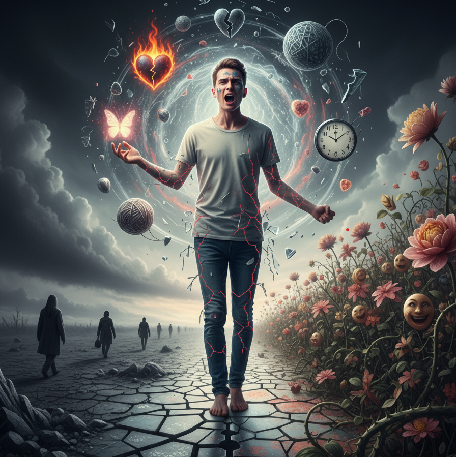 Ein junger Mann steht barfuß auf einem rissigen, steinernen Pfad, schreit und hat feine rote Risse, die seinen Körper bedecken. Um ihn herum wirbelt ein Ring aus Symbolen chaotischer Emotionen und Instabilität, darunter ein brennendes Herz, zerbrochene Herzen, eine Uhr, eine Schmetterling und Garnknäuel. Links entfernt sich eine Reihe dunkler Silhouetten (Isolation), während rechts Blumen mit lachenden und weinenden Gesichtern wachsen (Instabile Beziehungen). Das Bild visualisiert die Intensität und das Chaos der Borderline-Persönlichkeitsstörung (BPS).
