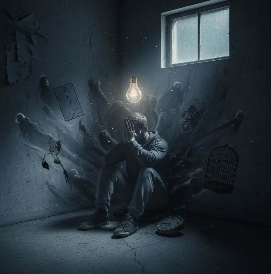 Ein Mann sitzt kauernd in einer dunklen, kahlen Ecke eines Raumes, das Gesicht in den Händen vergraben, symbolisch für tiefe Depression oder Verzweiflung. Um ihn herum schweben geisterhafte, dunkle Schatten und Symbole des Leidens wie ein zerbrochener Spiegel, eine leere Vogelkäfig, eine zerbrochene Pflanze, eine alte Uhr und eine angsteinflößende Maske. Über seinem Kopf hängt eine einzige, schwach leuchtende Glühbirne, die einzigen Lichtpunkt in der Dunkelheit.