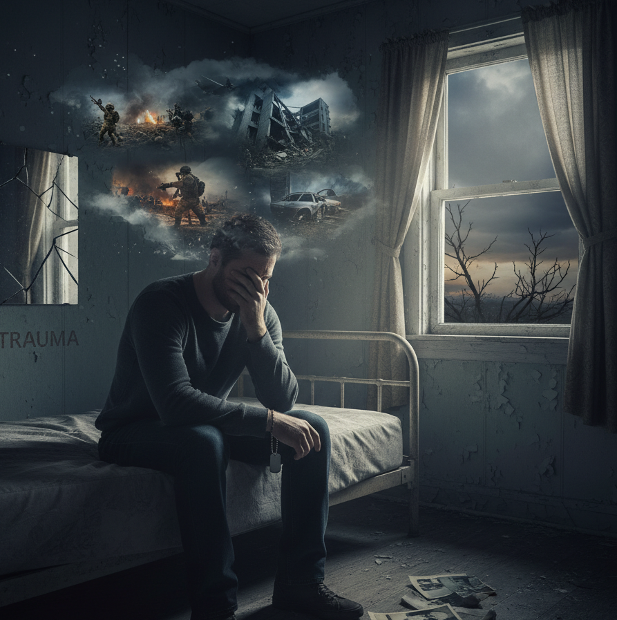 Ein Mann sitzt in einem düsteren, heruntergekommenen Raum auf einem einfachen Bett, das Gesicht in der Hand vergraben. Über seinem Kopf schwebt eine Gedankenblase mit Bildern eines schweren Traumas, darunter Kriegsszenen mit Soldaten im Kampf, ein zerstörtes Gebäude und ein Wrack. Im Raum steht das Wort 'TRAUMA' an der Wand, und durch das Fenster ist eine bedrohliche, kahle Landschaft unter einem dunklen Himmel zu sehen. Das Bild stellt das Wiedererleben traumatischer Ereignisse (Flashbacks) bei PTBS dar.