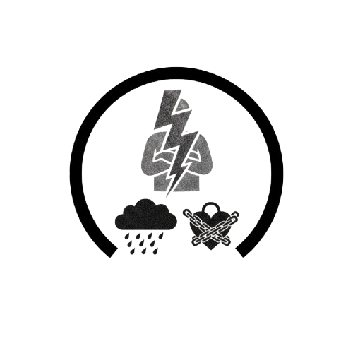 Ein einfaches, symbolisches Icon in Schwarz-Weiß innerhalb eines dicken schwarzen Rings. In der Mitte steht eine Figur mit verschränkten Armen und einem zuckenden Blitz, der durch ihren Körper fährt, was innere Anspannung und Schock symbolisiert. Unter der Figur befinden sich zwei weitere Symbole: Eine dunkle Regenwolke mit fallenden Tropfen (Traurigkeit/Belastung) und ein Herz, das mit schweren Ketten gefesselt und verriegelt ist (emotionale Abriegelung oder Schuldgefühl). Das Bild stellt die psychischen Folgen von Trauma und Schuld dar.