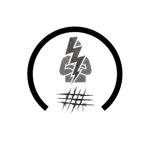 Ein einfaches, symbolisches Icon in Schwarz-Weiß, umrahmt von einem dicken schwarzen Kreis, der unten geöffnet ist. Im Zentrum steht eine Figur mit verschränkten Armen, durch die ein gezackter Blitz fährt, was innere Anspannung, Wut oder emotionalen Schock symbolisiert. Unter der Figur ist eine Reihe von parallelen und sich kreuzenden Strichen zu sehen, die Selbstverletzung (Ritzen) darstellen. Das Gesamtbild symbolisiert den inneren Druck und das selbstschädigende Verhalten (SSV).