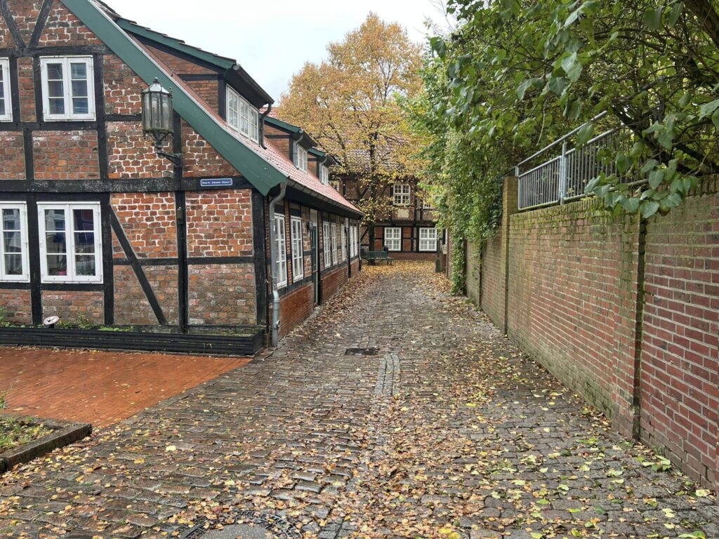 Eine historische, schmale Gasse in Stade mit Kopfsteinpflaster, das mit braun-gelben Herbstblättern bedeckt ist. Links steht ein altes Fachwerkhaus mit Backsteinfüllungen und einem dunkelgrünen Dach. Rechts verläuft eine hohe, rote Backsteinmauer, die oben mit Metallgeländer abschließt. Ein Baum mit Herbstlaub ist im Hintergrund sichtbar, und der Boden ist durch den Regen nass.