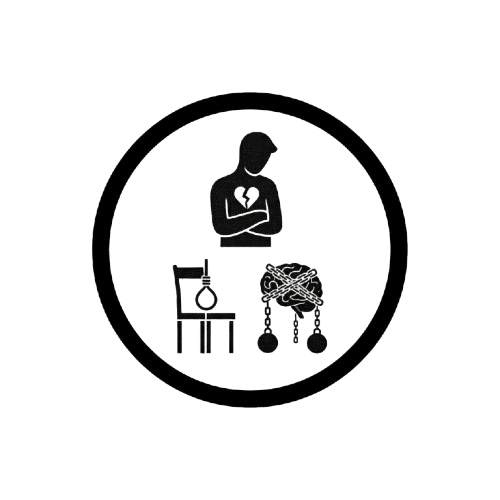 Ein symbolisches Icon in Schwarz-Weiß innerhalb eines dicken schwarzen Rings. Das Bild enthält drei Elemente, die schwere psychische Krise und Suizidgedanken darstellen: Oben eine Silhouette einer traurigen Person mit verschränkten Armen und einem zerbrochenen Herzen. Unten links ein Stuhl mit einer daran befestigten Schlinge (Symbol für Suizid). Unten rechts ein menschliches Gehirn, das mit schweren Ketten und Gewichten gefesselt ist (symbolisiert psychische Gefangenschaft und Belastung).